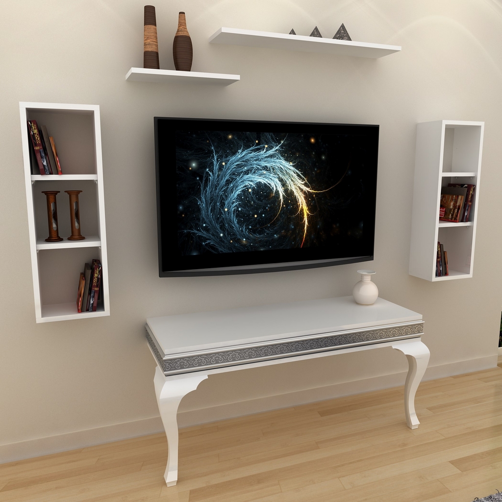 parlak beyaz gumus varakli gizli bolmeli tv unitesi lucca a3 4